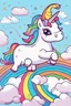 Placeholder: kids illustration, a cute unicorn playing and rainbow in background, cartoon style, thick line, low details, vivid color