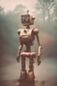 Placeholder: steampunk, vintage analog polaroid of a woman robot, female body, fog, lomography, heavy film grain, rain, color bleed, depth of field, bokeh, retro