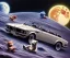 Placeholder: little boy and big teddy bears on moon. drifting in old bmw. oil on canvas