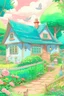 Placeholder: ghibli inspired cute family cottage and garden close up art painterly pastel colours