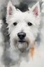 Placeholder: Portrait of a White West highland terrier dog with gentle expression in loose watercolour, wet on wet, and splattering in the style of Agnes Cecile, Willem Haenraets, Yoji Shinkawa, Guy Denning, Florian Nicolle with chalk and rough pastel on rough, textured paper