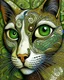 Placeholder: Detailed Surreal Portrait of Oriental blue and white tabby cat, with a triangular slender white face, large ears and green eyes by Gustav Klimt muted colors.