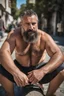 Placeholder: masculine muscular chubby burly mature turkish man sunbathing, sitted on an empty street, 44 years old, shirtless, bullneck, hands behind the neck, ripped dirty shorts, manly chest, very hairy, short beard, big shoulders, relaxed, photorealistic, well defined facial features, half figure photography, view angle from the ground