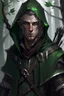 Placeholder: 35 year old male dark rogue wood elf, thief assassin, Mauve hair, messy hair, bright green eyes, brown skin, black hood, black leather, messy, disheveled, trees, sneaky, bow and arrows, tall, skinny