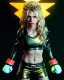 Placeholder: portrait, Shakira, blonde artist, angry, Realistic image, MMA robe, hoodie, mma gloves, fight pose, make-up make-up, gold line make-up, sweat, fog, goddess style, Neon colors, leds. Black background, photo studio, concept art, smooth, unreal engine 5, god lights, ray tracing, RTX, lumen lighting, ultra detail, volumetric lighting, 3d, finely drawn, high definition, 4k.