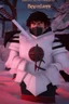 Placeholder: The character, depicted in a striking white armour against a wintry backdrop stands with his hands behind his back inside the scene, he has a red and black circular symbol on his chest like a shield, a black pointed spear with a red handle on his back, His eyes are showing a dynamic expression and he wears a black oni mask with white teeth covering the bottom part of his mouth he has brown shoulder pads and a white belt with a bag attached to it. He has dark brown hair, he does not wear a helmet