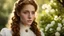 Placeholder: Beautiful caucasian 18 year old woman with long curly auburn hair. She has a delicate face, small pert nose, small chin, small jaw, large eyes, full lips slightly parted. She is wearing a white victorian blouse with a brooch at the neck. She is gazing longingly at the viewer. She is in a lovely garden during the day. The photo is clear and in sharp focus.