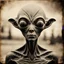 Placeholder: Black and white sepia photograph of a grey alien, film analog, dust overlay, eerie, high strangeness, surrealistic old photograph, mysterious,