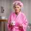 Placeholder: The image depicts an elderly woman, dressed in a pink bathrobe and wearing hair rollers, looking frustrated and exhausted. Her expression conveys a sense of irritation and weariness. She is holding a mug, likely containing a hot beverage, and appears to be taking a break or moment to herself. The overall scene suggests a woman going through her daily routine, perhaps feeling the effects of age or the stresses of daily life. The image presents a humorous, yet relatable, portrayal of a common expe