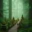 Placeholder: close up on slender green elf on wooden bridge in magical forest, torches, spray painting, foliage frame, fantasy art , movie poster, high definition,8k