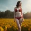 Placeholder: Emma Stone red underwear with yellow flowers for hair, closed eyes, rtx, reflection, 8k, glow, winning photography, caustics