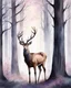 Placeholder: night, deer with antlers standing sideways, looking at viewer, realistic water color painted, among light colored tall simplified tree trunks, foggy, digital painting, Easter Spring pastel colors, colorful, dark background