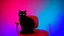 Placeholder: black cat sitting on an office chair, dark room with neon violet lights, realistic