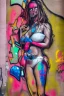 Placeholder: graffiti art on the back side of an abandoned building portraying a female super model posing confidently, 8k, highly detailed, centered, epic composition, graffiti art, splash art, street art, spray paint, oil gouache melting, acrylic, high contrast, colorful polychromatic, ultra detailed, ultra quality, CGSociety