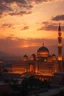 Placeholder: photographic realism. a beautiful Middle-Eastern scene at sunset. atmospheric. huge palace and immense view of the night sky.