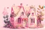 Placeholder: House illustration, realistic, detailed, illustrative, childrenbook style, pink house, cute plants