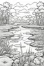 Placeholder: coloring page, pond in the field, cartoon style, thick lines, low detail, no shading