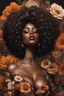 Placeholder: Create a aexpressionism art image of a curvy black female wearing a brown off the shoulder blouse, and she is looking down with Prominent makeup. Highly detailed tightly curly black afro. Background of large brown and black flowers surrounding her