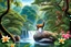 Placeholder: Create a realistic picture of a jungle with vibrant flowers and towering trees. Include beautiful animals like colorful birds, playful monkeys, and graceful deer. Add a winding river with crystal-clear, wavy water flowing gently over smooth rocks on the riverbed and a very beautiful girl standing in river. Let the sunlight filter through the canopy, casting a warm glow on this serene and enchanting landscape.