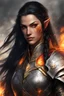 Placeholder: Generate a photo of a formidable eladrin Paladin. Picture a female with long black hair, half braided and half down, featuring a fiery element. She wears light armor, eschewing heavy protection as she harnesses fire and magic in battle. A prominent scar marks her face, a testament to past conflicts. Visualize her conjuring fire from her hands, with big, bright red eyes that resemble a fiery glow. The skin is tanned brown, portraying a warrior with strength and elemental mastery.