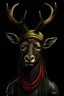 Placeholder: a masculine deer frontal view, with dreadlocks and green-yellow-red striped headband, in photorealistic, with a dark background