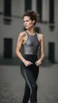 Placeholder: photography of a beautiful anorexic woman, grey satin triathlon top, sports illustrated, brunette short wavy bob haircut, pronounced sternum, flat chest, anthracite short leggins