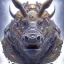 Placeholder: ù photo realistic, symetrical, centered, ultra detailed, digital art, in center is a portrait of highly detailed profile of head cyborg rhino , eyes filled with galaxy, dominating colors = gray light blue and dark gold, lightning, smoke,