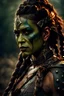 Placeholder: portrait of a beautiful female orc warrior. braided hair. wearing ornaments. Carrying a battleaxe. High resolution. 4K. 8K. Fantasy style.