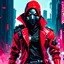 Placeholder: male cyberpunk assassin wearing a metal mask, red jacket