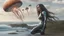 Placeholder: A Long-Haired Woman In A Robotic-Looking Catsuit Standing On A Beach, With Flying Mushrooms with Jellyfish Tentacles, a crashed Spaceship lying in the water, and a Forest in the distance, photorealistic