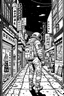 Placeholder: Vintage 90's anime style. a lonely astronaut walking down the street; by Hajime Sorayama, Greg Tocchini, Virgil Finlay, sci-fi. line art. Environmental arcade art.