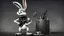 Placeholder: photorealistic deppressed dark melancholic sad Bugs bunny with blackeye deppressed doing music rock and roll dark heavy metal on a scene alcoholic, ciggaretes ciggaretes sad sad sad sad ciggarets