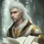 Placeholder: full body shot of calm elf with white hair in brown suit reading a legendary book, fantasy character, somber, gloomy lighting, epic perspective, trending on artstation