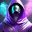 Placeholder: purple galaxy masked hooded super villain, futuristic, teal and purple smoke, full portrait, hyper realistic, 4k