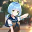 Placeholder: Clear focus, High resolution, short light blue hair, low twintails behind head, ribbion on twintail, straight long locks, green eyes, wearing a sailor uniform, wearing a sailor skirt, wearing a brown vest, cute, 1girl, chopped bangs, bob cut