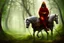 Placeholder: hooded monk on horseback in the forest