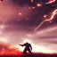 Placeholder: doom scenary. Heavy rain. Epic Lighting in the sky. Knight with a sword. Falling object from the sky. Meteorite burning in the distance.