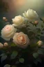 Placeholder: magic A bush of delicate tea roses of dark cream color, the plant is ultra-detailed, rain, beautiful landscape, fog, many details, delicate sensuality, realistic, high quality, 3d, hyperdetalization, filigree, hazy haze, hyperrealism, professional, transparent, delicate pastel tones, back illumination, contrast, fantastic, unreal, translucent, glowing, clear lines, epic fabulous, fabulous landscape, hyperrealism