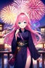 Placeholder: girl, masterpiece, best quality, cinematic lighting, detailed outfit, vibrant colors, perfect eyes, long hair, pink hair, blue eyes, kimono, fireworks, laughing, town,