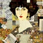 Placeholder: paper collage of a portrait, newspaper pages and wallpaper, background patterned wallpaper, by artist "Gustav Klimt"