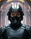 Placeholder: star wars bald male corellian pilot wearing pearlescent black and gunmetal grey First Order special forces heavy assault armor and helmet with gold and metallic red trim inside the jedi temple, centered portrait, hyperdetailed, dynamic lighting, hyperdetailed background, 8k resolution, volumetric lighting, light skin, fully symmetric details