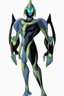 Placeholder: This new alien from the Ben 10 cartoon looks like an alien with an advanced and amazing appearance. He is distinguished by his slender and flexible body, which indicates his high alien capabilities. His skin appears light blue, adding to his feral character