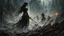 Placeholder: Dark fantasy world, girl, battle, mist, battlefield, Lovecraft's Monster in the background, dark colors, Luis Royo & Raymond Swanland & Alyssa Monks & Anna Razumovskaya