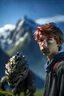 Placeholder: portrait Geordie Kieffer as teenager in the Alps on mountain top, with rock giant creature in the background,shot on Hasselblad h6d-400c, zeiss prime lens, bokeh like f/0.8, tilt-shift lens 8k, high detail, smooth render, down-light, unreal engine, prize winning