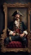 Placeholder: Hyper Realistic vintage frame picture of a pirate with thick moustache sitting on a fancy velvet sofa with his sword on a rustic dark wall