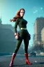 Placeholder: retro portrait image from 1960, Moscow background, wind, long red hair, fighting stance, sweet young Scarlett Johansson, classic tight lycra black suit, weapon, gold bracelet and belt, high heel boots, soft color, highly detailed, unreal engine 5, ray tracing, RTX, lumen lighting, ultra detail, volumetric lighting, 3d, finely drawn, high definition, high resolution.