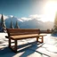 Placeholder: Holzbank in Schneelandschaft mit Sonnenlicht und Bergen, photorealistisch Leica 8K