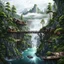 Placeholder: rany day, close ap a visible from the side one massive wooden bridge connects the over two gorge, between two tall rocky shores, sprawling, tall thick alien trees on both shores, log wooden houses in the distance in the background, rainy landscape, lush vegetation , massive trees,, high detailed, fantasy, high photorealistic, cinematic