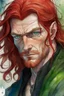 Placeholder: dnd, fantasy, watercolour, large strokes, stylistic, portrait, illustration, dull colours, male, face, narrow long face, weathered face, green eyes, determined, smiling, red hair, very long hair streaming down the shoulders, lush hair, radiating light, five o'clock shadow, elegant, short small mouth