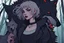 Placeholder: vampire girl showing fangs with short cropped cyberpunk hair wandering with her wolf in tangled forest in the moonlight